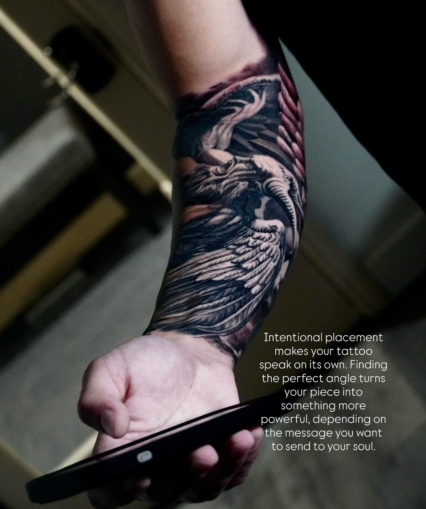 Phoenix sleeve &mdash; classical black & grey realism